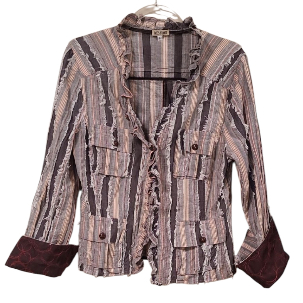 Baxis & Baxis Women's Striped Jacket with Ruffle Trim Sz L